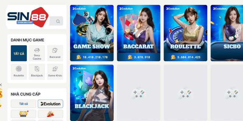 Các tựa game hay và thú vị nhất tại sảnh cá cược casino SIN88