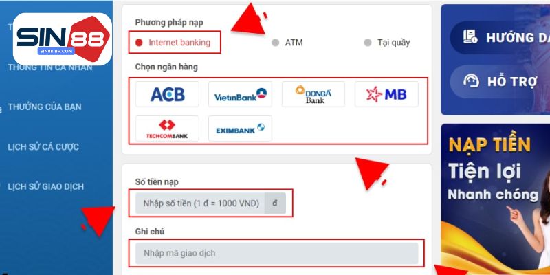 Hướng dẫn nạp tiền SIN88 
