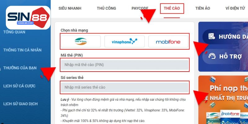 Cách nạp tiền bằng thẻ cào điện thoại tại SIN88