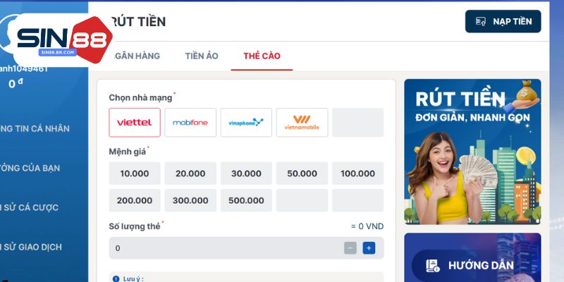 Hướng dẫn rút tiền SIN88 về túi nhanh chóng